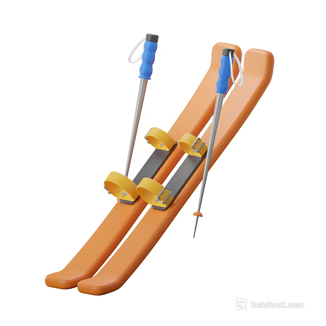 High Quality Ski Sports Equipment Featuring Orange Skis Blue Poles And Yellow Bindings 3d model 