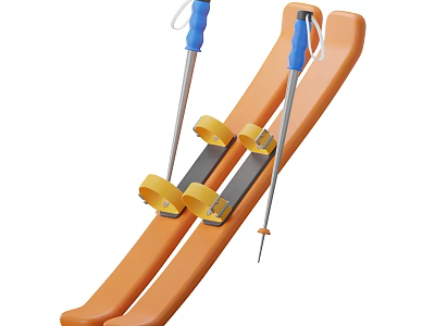 High Quality Ski Sports Equipment Featuring Orange Skis Blue Poles And Yellow Bindings 3d model
