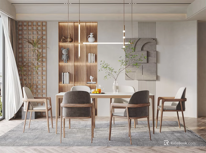 Elegant Modern Restaurant Interior Design With Wooden Dining Table Comfortable Chairs And Soft Lighting 3d model 