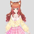 Anime Girl with Cat Ears and Tail Wearing Yellow Top Pink Plaid Skirt Pink Boots