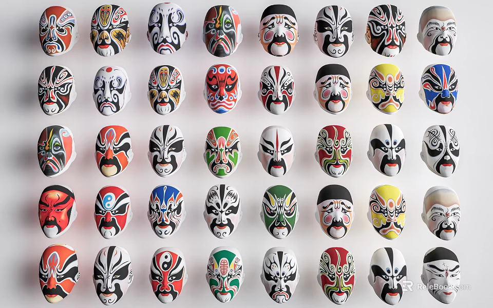 Traditional Chinese Opera Mask Pendants With Various Colorful Decorative Facial Patterns 3d model 