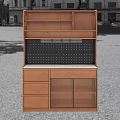 Modern Wooden Sideboard With Brown Cabinets Drawers Shelves Marble Countertop And Perforated Back Panel