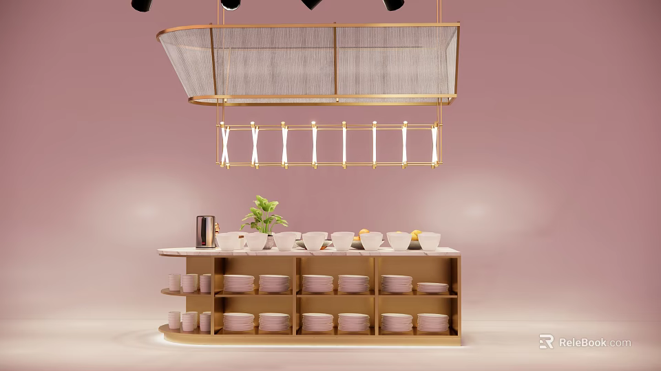 Stylish Hanging Structure Over Shelf With Bowls Cups And Green Plant On Pink Background 3d model 