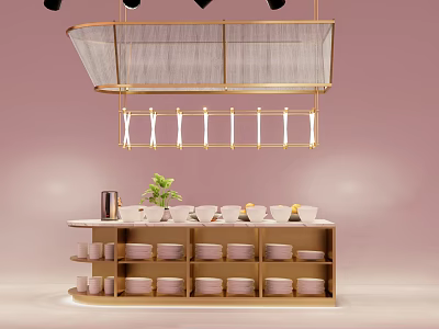 Stylish Hanging Structure Over Shelf With Bowls Cups And Green Plant On Pink Background 3d model