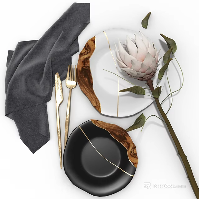Elegant Tableware Set With Gold Cutlery Gray Napkin White Black Plates And Protea Flower 3d model 