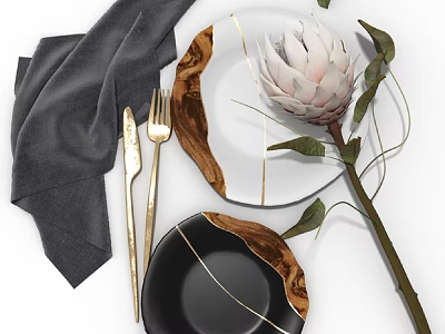 Elegant Tableware Set With Gold Cutlery Gray Napkin White Black Plates And Protea Flower 3d model