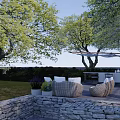 Garden Landscape Design With Curved Stone Path Trees Stone Walls And Lawn