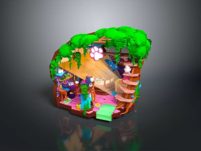 Charming Treehouse Scenery With Green Vines Wooden Structure And Pink Interior 3d model