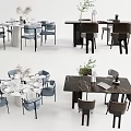 Modern Dining Table Set With Blue Dark Chairs Vases Green Plants And Tableware 3d model