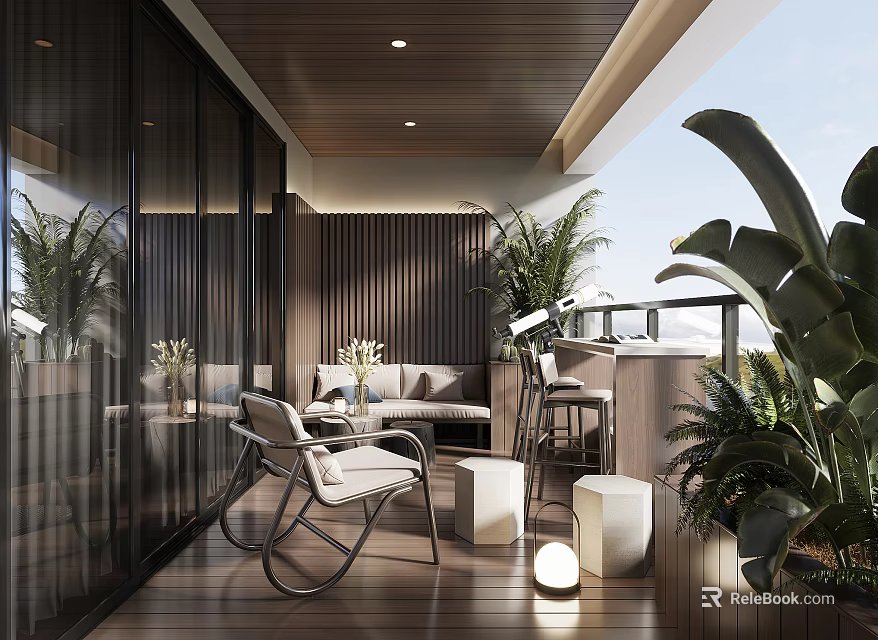 Modern Home Balcony With Wooden Floor Sofa Chairs Plants Glass Railing And Ceiling Lights 3d model 