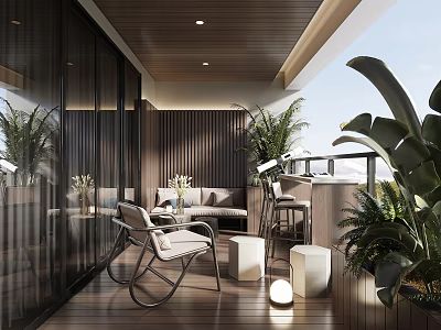 Modern Home Balcony With Wooden Floor Sofa Chairs Plants Glass Railing And Ceiling Lights 3d model