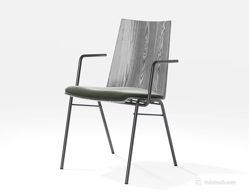 Modern Minimalist Dining Chair With Wooden Backrest Green Cushion And Black Metal Legs 3d model 