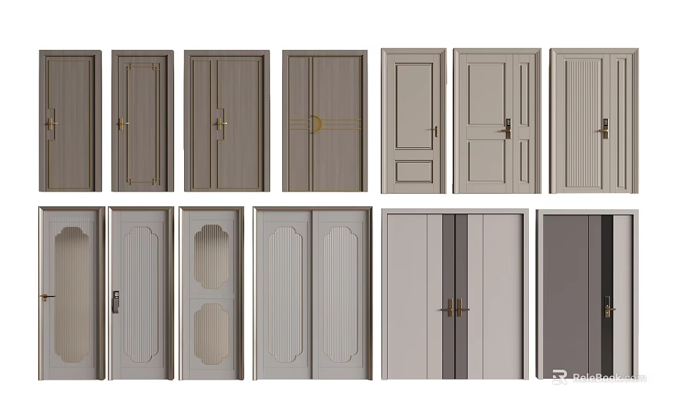 Various Modern Hinged Doors With Different Panel Designs And Metal Handles 3d model