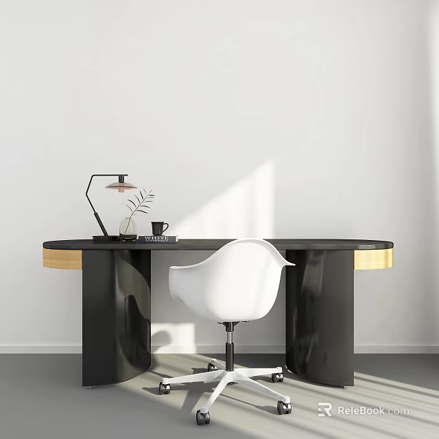 Modern Black Office Desk with Wooden Edge Lamp Green Plant Cup and White Chair 3d model 