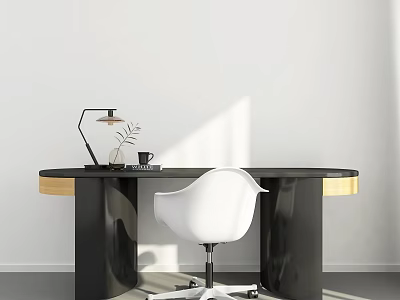 Modern Black Office Desk with Wooden Edge Lamp Green Plant Cup and White Chair 3d model