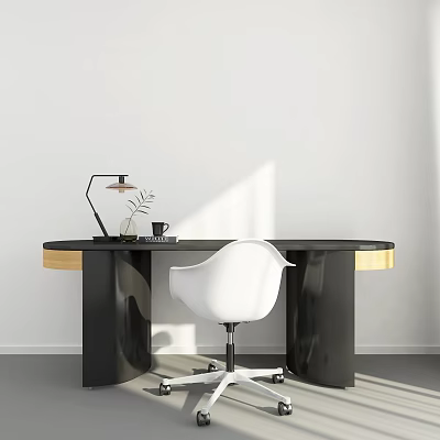 Modern Black Office Desk with Wooden Edge Lamp Green Plant Cup and White Chair 3d model