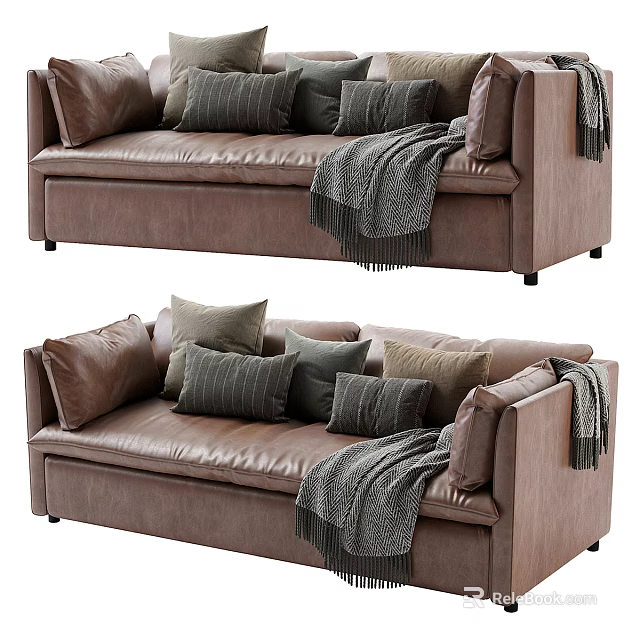 Brown Leather Two-Seater Sofa with Decorative Pillows and Gray Throw Blanket 3d model