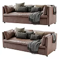Brown Leather Two-Seater Sofa with Decorative Pillows and Gray Throw Blanket 3d model