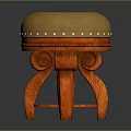Decorative Stool With Beige Padded Seat Riveted Edge And Orange Carved Legs