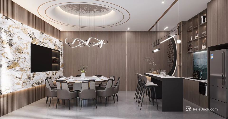 Modern Luxury Private Dining Room Interior With Round Table And Bar 3d model 