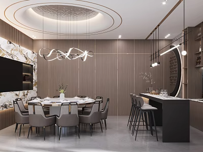 Modern Luxury Private Dining Room Interior With Round Table And Bar 3d model
