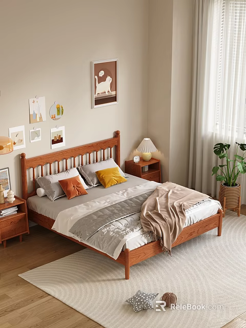 Cozy Bedroom Double Bed With Wooden Headboard Gray Sheets Colorful Pillows Nightstands And Plant 3d model 