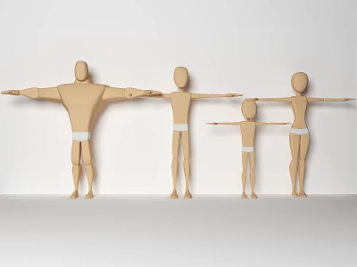 Wooden Male Mannequins With Stretched Arms Wearing White Loincloths Three Adult And One Child Sizes 3d model
