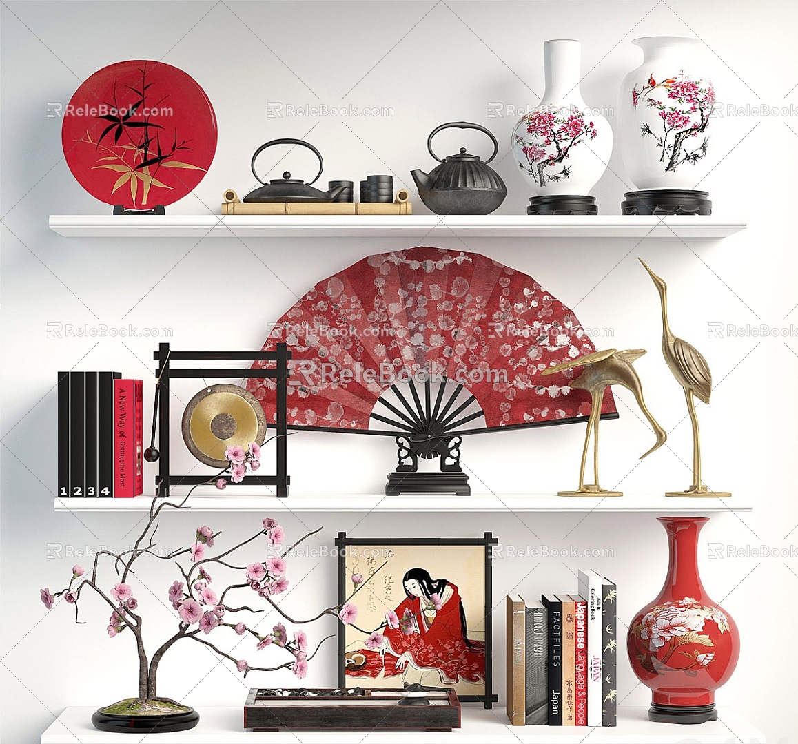 New Chinese Style Ornaments Song Style Ornaments Japanese Style Ornaments Ceramic Vase Ornaments Folding Fan Tea Set 3d model