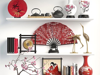 New Chinese Style Ornaments Song Style Ornaments Japanese Style Ornaments Ceramic Vase Ornaments Folding Fan Tea Set 3d model