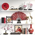 New Chinese Style Ornaments Song Style Ornaments Japanese Style Ornaments Ceramic Vase Ornaments Folding Fan Tea Set 3d model