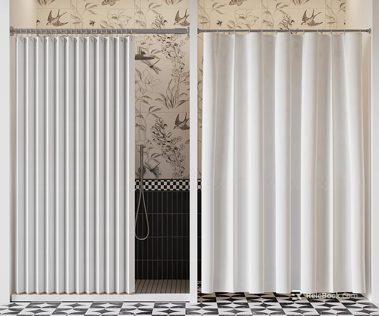 White Pleated Shower Curtains For Bathroom Decor And Shower Area Design 3d model 