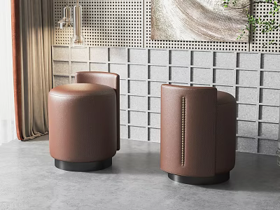 Two Modern Brown Leather Round Stools With Stitched Design In Gray Interior 3d model