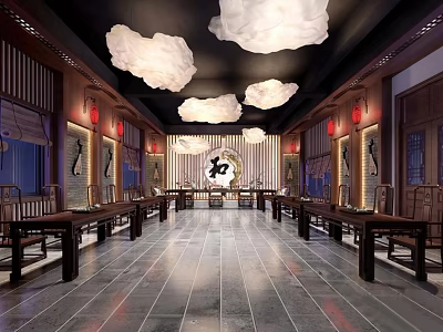 Traditional Chinese Tea House Interior With Wooden Tables Red Lanterns And Cloud Ceiling Decor 3d model