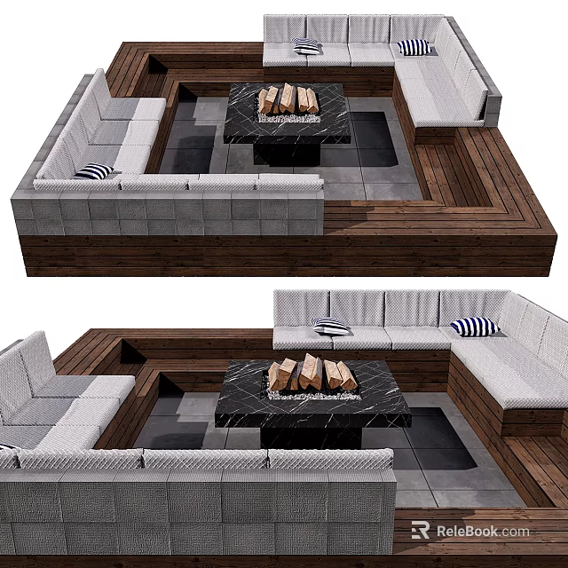 Cozy Outdoor Sofa In Wooden Deck Living Space With Fire Pit And Cushions 3d model 