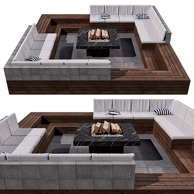 Cozy Outdoor Sofa In Wooden Deck Living Space With Fire Pit And Cushions 3d model