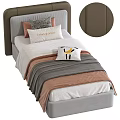 Cozy Single Bed With Upholstered Headboard Beige Gray Soft Blankets And Decorative Pillows