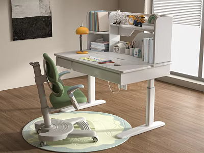 Modern White Desk Interior With Green Chair Yellow Lamp And Attached Bookshelf 3d model