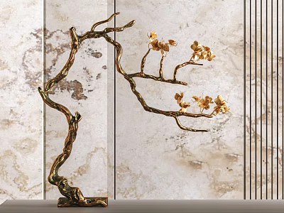 Bonsai Plant with Golden Branches and Flowers Curved Trunk Textured Background Vertical Striped Decor 3d model