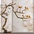 Bonsai Plant with Golden Branches and Flowers Curved Trunk Textured Background Vertical Striped Decor