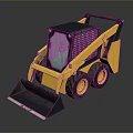 Yellow Skid Steer Loader With Front Bucket Black Top And Green Windshield