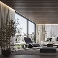 Modern Living Room Interior With Comfortable Sofa Coffee Table Floor Lamp And Large Windows
