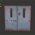 Rusted Blue Double Doors With Glass Panels Red Sign And Warning Stripes