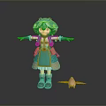 Woman Wearing Green Outfit With White Hair Green Hat Gloves Boots And Pink Small Creature