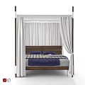 Modern Four Poster Bed With White Curtains Wooden Frame And Striped Bedding