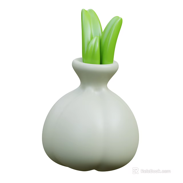 Garlic Shaped Vase With Fresh Green Leaves For Kitchen Decoration 3d model 