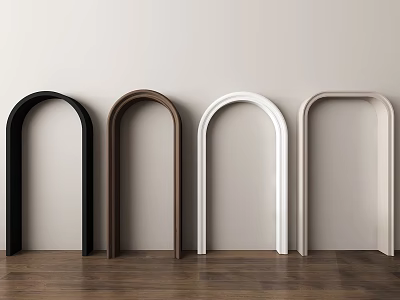 Various Colored Arched Door Frames Against Light Wall And Wooden Floor 3d model