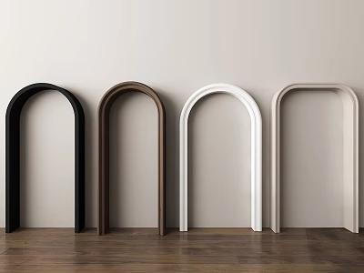 Various Colored Arched Door Frames Against Light Wall And Wooden Floor 3d model