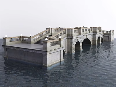 Historic Stone Arch Bridge With Balustrades And Steps Over Calm Water 3d model