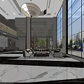 Elegant Hotel Lobby Interior With Marble Floors Large Windows Sofas Coffee Table And Green Plant 3d model