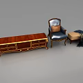 Blue Leisure Chair With Gold Accents Orange Cushion Wooden Coffee Table And Beige Bench